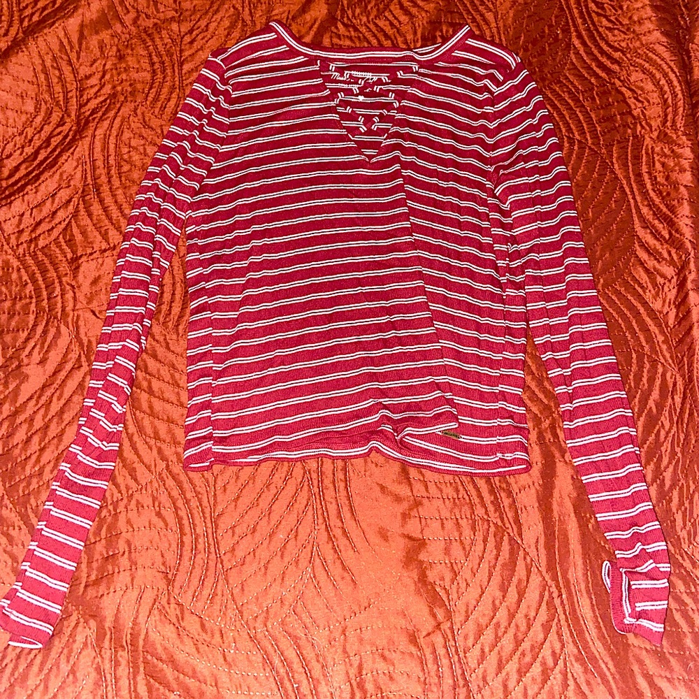 Hollister striped long sleeve v neck top with detailed neck line size large